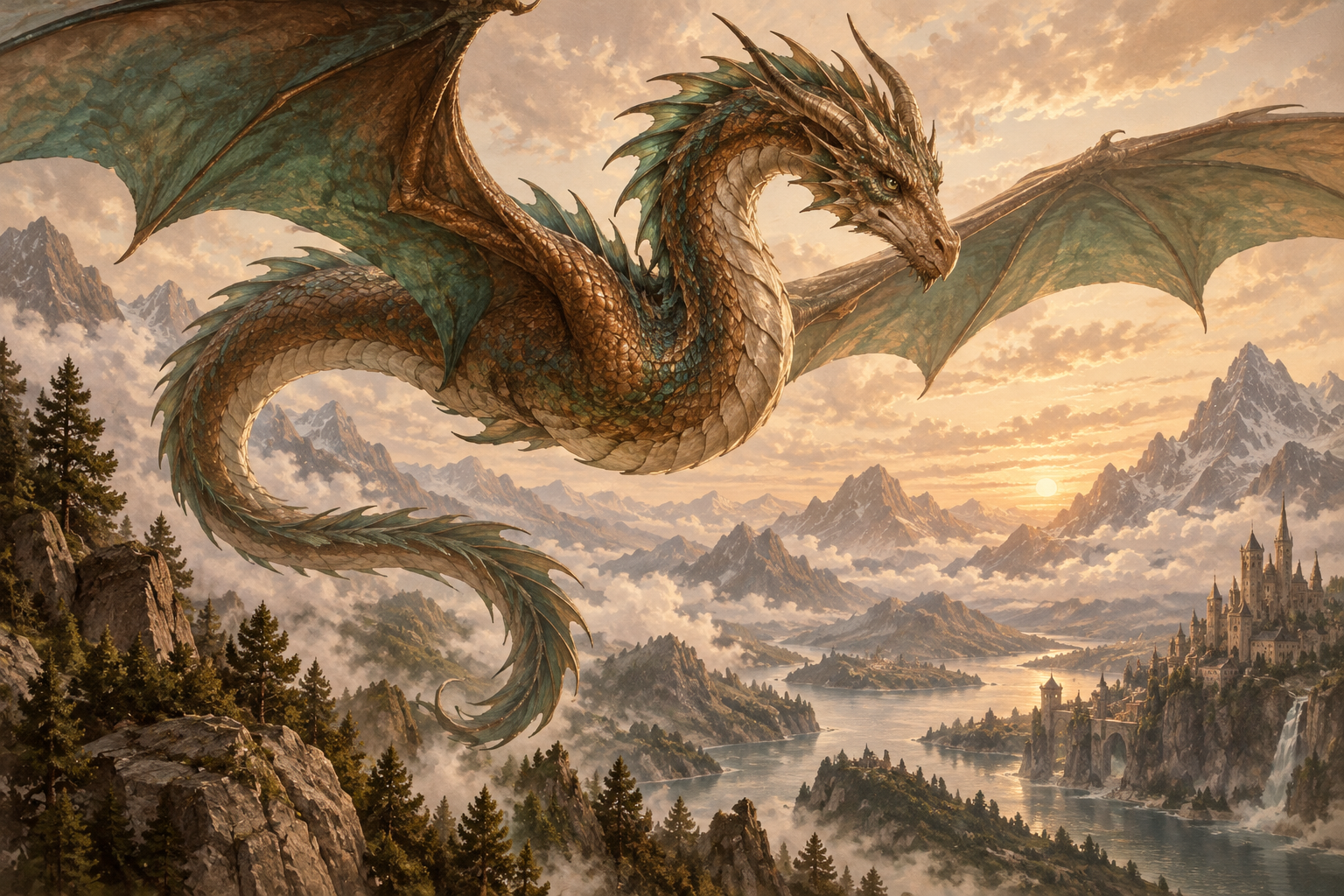 majestic bronze and emerald dragon curling above distant mountains, elegant fantasy book illustration, no fire damage no text